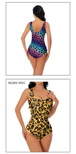 Detail of leopard print swimsuit showing U-shaped back and front scoop neckline