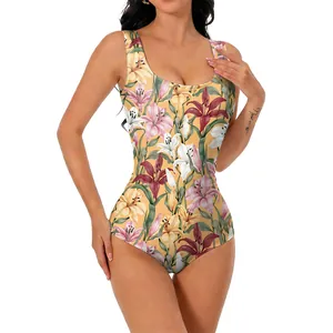 Schlanker Einteiler Badeanzug mit U-Ausschnitt und elegantem 3D-Lilien-Blumenmuster für Urlaub