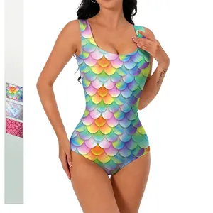 Women Mermaid Fish Scale Swimsuit Rainbow Gradient Digital Print U-Neck Slim Fit One Piece Bathing Suit Beachwear