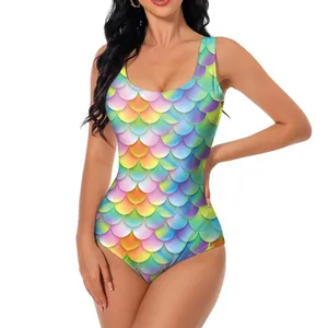 Sleeveless one-piece swimsuit with vibrant rainbow fish scale digital print for women