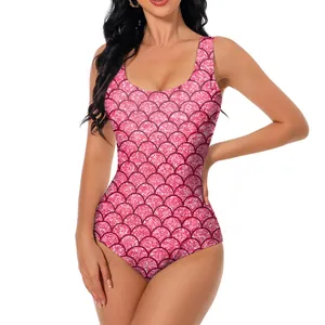Pink rainbow fish scale print one-piece swimsuit with U-neck and slimming fit design