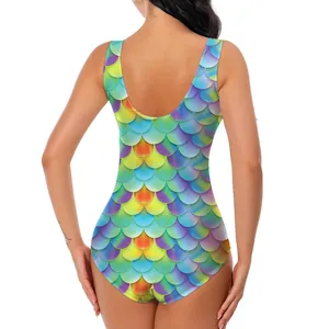 Rainbow fish scale printed one-piece swimsuit with U-neck and backless design for women
