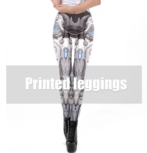 Detail of mecha print high elastic leggings with glowing blue core elements
