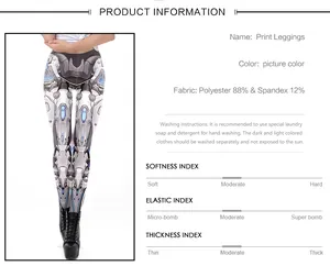 Detail view of 3D cyberpunk printed leggings showing fabric specs and material texture