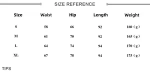 Size chart for women's leggings showing waist, hip, and length for S to XL sizes