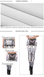 Detail view of high-waist techwear leggings with sci-fi digital print and fabric analysis