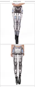 Detail showing cyberpunk mechanical armor print on high-elasticity leggings