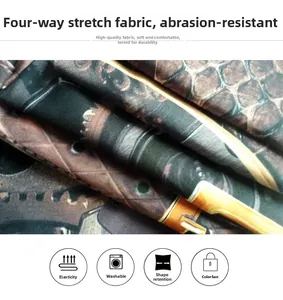 Detail of four-way stretch fabric featuring gear and snake skin print for durable leggings