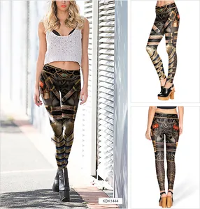 Macro view of steampunk 3D digital armor print on high-waist stretch leggings KDK1444