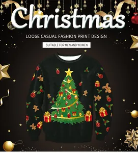 Detail of Christmas tree print on black loose sweatshirt with festive gift patterns