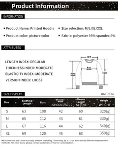 Detailed size chart and fabric specifications for Christmas puppy print long sleeve hoodie