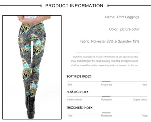 Detailansicht der bedruckten Damen-Leggings mit Stoff- und Indexinformationen.