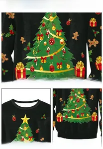 Detail of Christmas crewneck sweatshirt featuring festive print and elastic ribbed hem