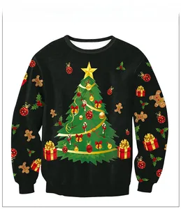 Detail of Christmas tree print on black crewneck sweatshirt with gingerbread patterns