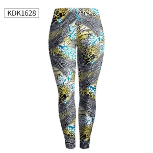 Damen Sport-Leggings mit abstraktem Muster-Print in Gelb und Blau, schmale Passform