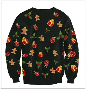 Close-up of Christmas gingerbread and gift print on black sweatshirt fabric