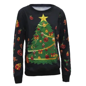 Christmas tree and gingerbread print long sleeve crewneck sweatshirt in black