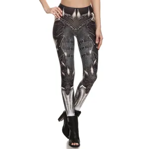 Detailed macro view of 3D fantasy armor digital print on high waist stretch leggings