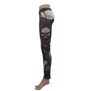 Detail of digital printed leggings featuring dark skull patterns and rune waist graphics