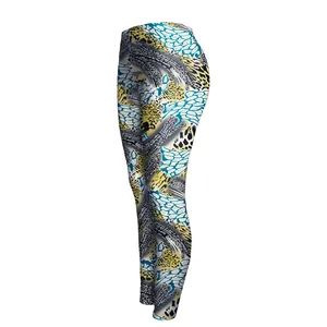 Damen Schlanke Leggings mit lebhaftem Leoparden- und blauem Schuppenmuster