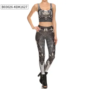 Women's 2-piece yoga set with digital armor print and skull motifs on crop top and leggings