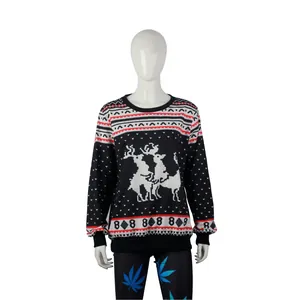 Christmas two-piece set with reindeer knit sweater and cannabis leaf print leggings