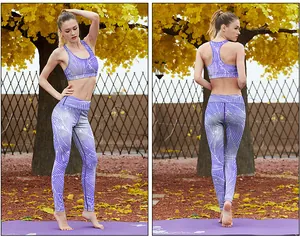 Detalle del conjunto de yoga morado estampado con sujetador deportivo y leggings