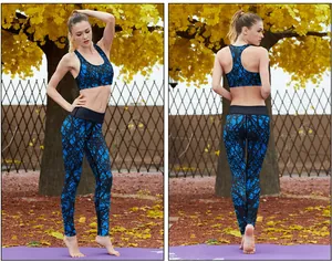 Detail of blue patterned yoga set showing high-waist leggings and racerback sports bra