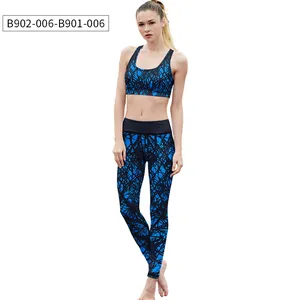 Detail of dark blue printed yoga set showing high-elastic racerback top and leggings