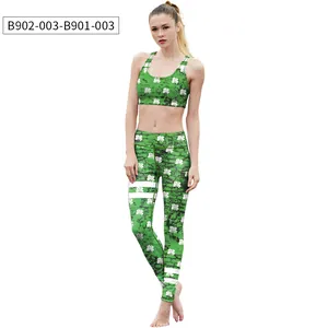 Detalle de conjunto deportivo con tréboles, top de espalda nadadora y leggings
