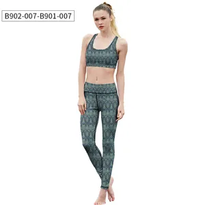 Detailed view of elastic yoga set with teal and ochre geometric patterns and racerback tank