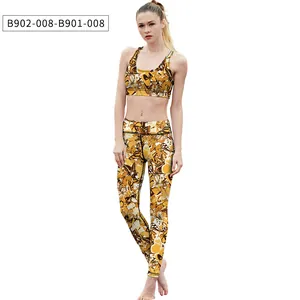 Detail of high-stretch yoga set featuring butterfly print sports bra and leggings