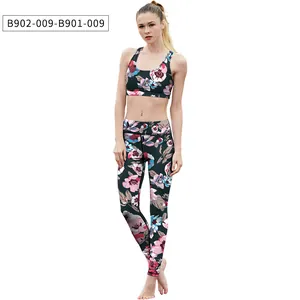 Detailed full-body view of floral yoga set featuring stretch leggings and sports bra combo