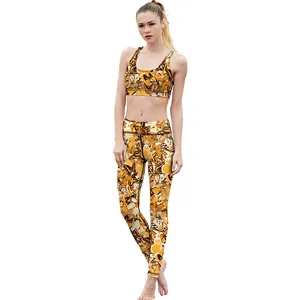Women's yoga set with vibrant orange and yellow butterfly print bra and leggings
