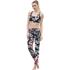 Two-piece floral yoga set with high-waist leggings and crop top for women's fitness
