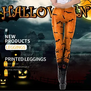 Detail of Halloween leggings featuring digital pumpkin and bat prints with stretch slim fit