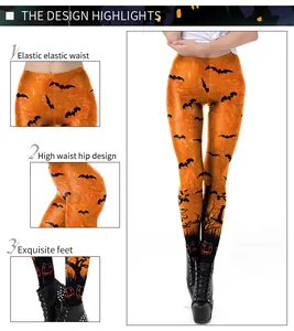 Detail of high waist, elastic waistband, and ribbed cuffs on Halloween printed leggings