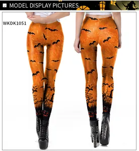 Front and back view of orange Halloween leggings with black bats and pumpkin prints