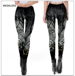 Detail of high-stretch leggings with dark Halloween pattern including spooky trees and bats