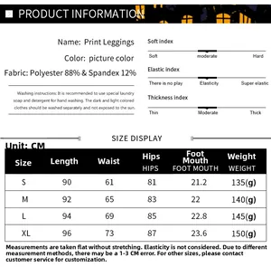 Tabella taglie per leggings con stampa Halloween con misure S-XL e dettagli tessuto