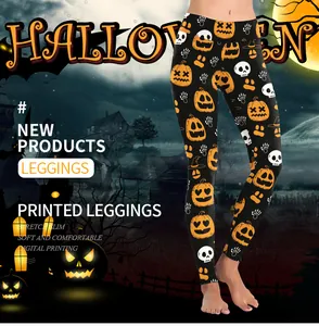Detail of Halloween leggings with pumpkin and skeleton digital print on high-stretch fabric