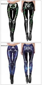 Detail view of two types of printed leggings with bone and vine patterns for party wear