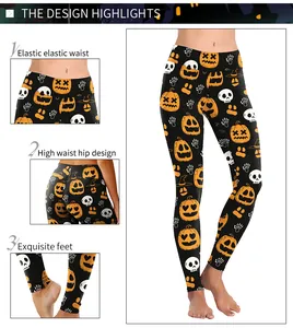 Detailed views of high waist Halloween leggings with pumpkin and skull digital print