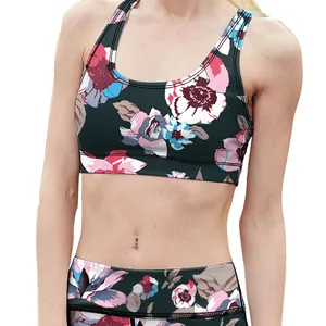 Donkergroene yoga-set met bloemenprint inclusief sportbeha en hoge taille legging