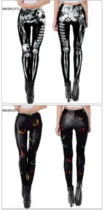 Detailed views of mechanical bone and glowing cat eye prints on women's slim fit leggings