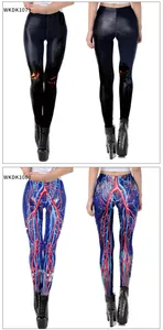 Detail view of high-waist leggings with Halloween pumpkin and vascular anatomical prints
