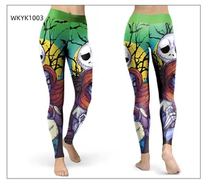 Detailed front and back view of high-waist Halloween leggings featuring Jack Skellington