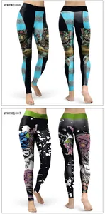 Detail of Halloween leggings showing zombie cat print and floral skull patterns