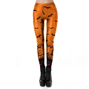 Women's Halloween leggings featuring orange bats and pumpkins with a high elastic fit