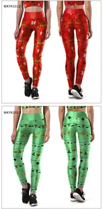 Detailed comparison of red and green Halloween yoga leggings with pumpkins and skeletons